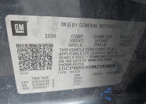 2021 Chevrolet Silverado 1500 2Wd Short Bed Custom from USA, damaged, VIN 1GCPWBEK0MZ193819